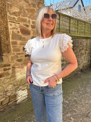 Embroidered Cap Sleeve T Shirt - White
