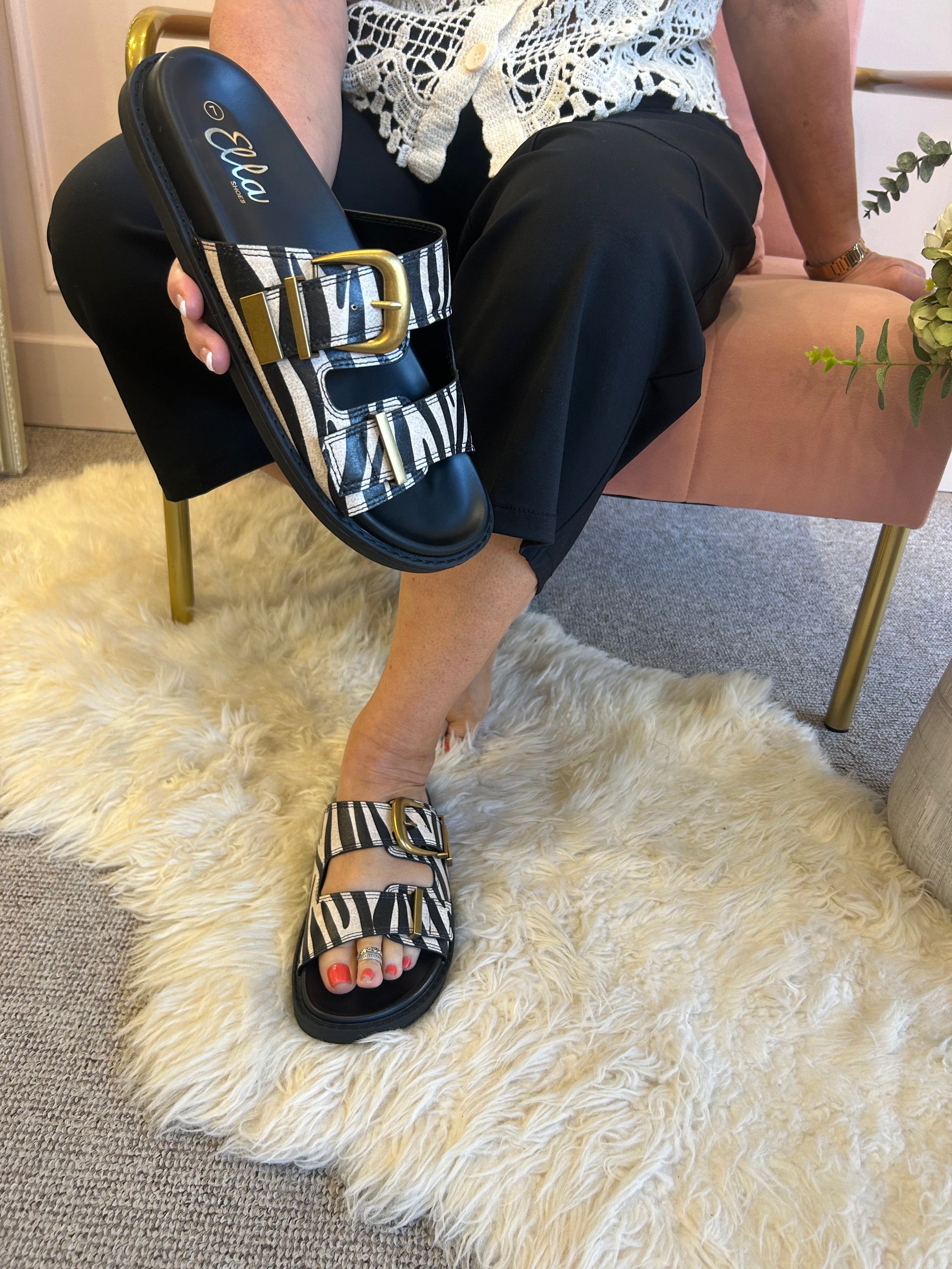 Sienna Buckle Slider Sandal - Zebra