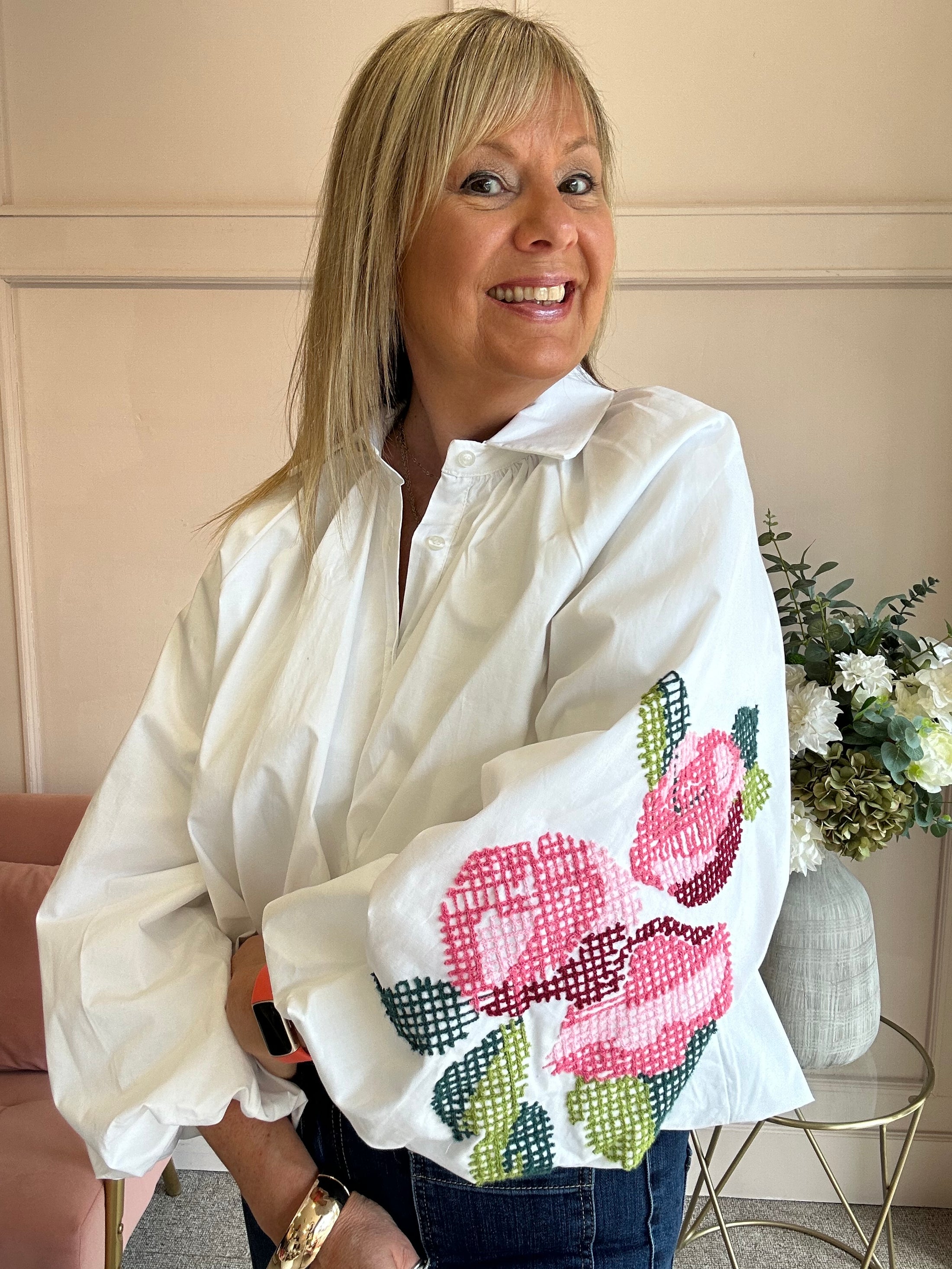 Floral Embroidered Sleeve Shirt - White