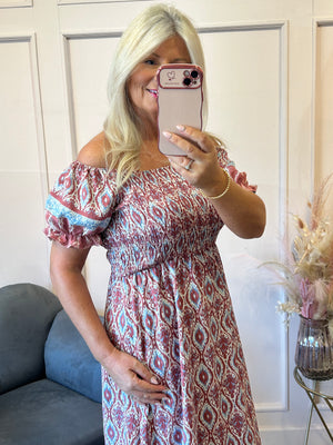 Aztec Mixed Print Dress - Wine/Cream