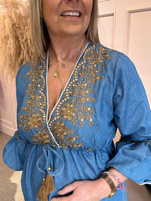 Boho Embroidered Maxi Dress - Mid Blue - Wardrobe By Simone