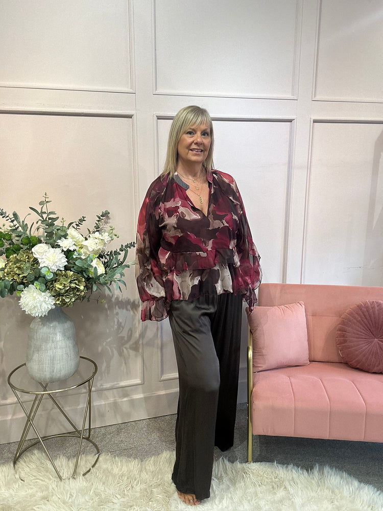 Floaty Frill Detail Top  - Plum/Wine - Wardrobe By Simone