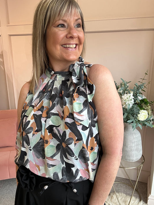 Floral Bow Tie Sleeveless Top - Green/Grey - Wardrobe By Simone