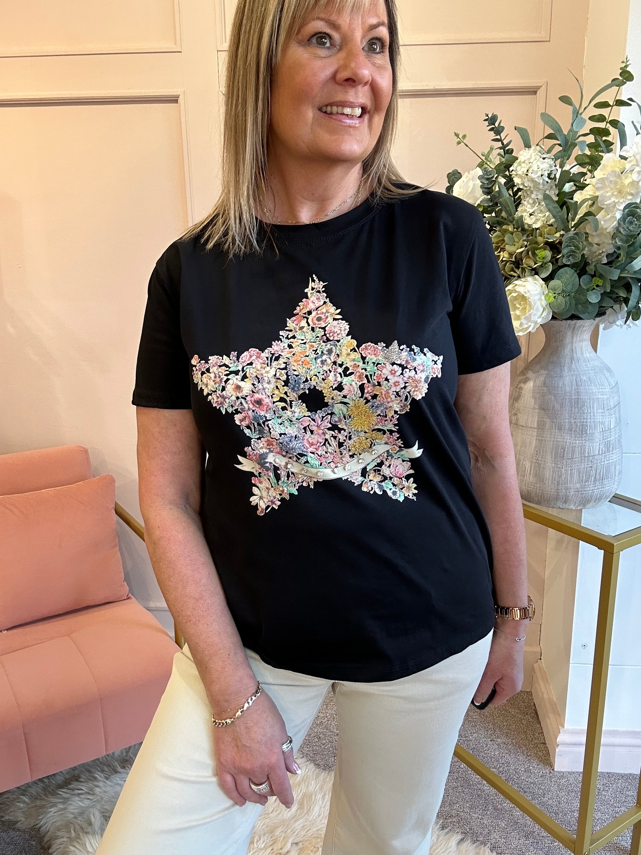 Itsy Bitsy Floral Star T-Shirt - Black - Wardrobe By Simone