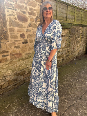 Flower Leaf Mix Maxi Dress - Blue/White