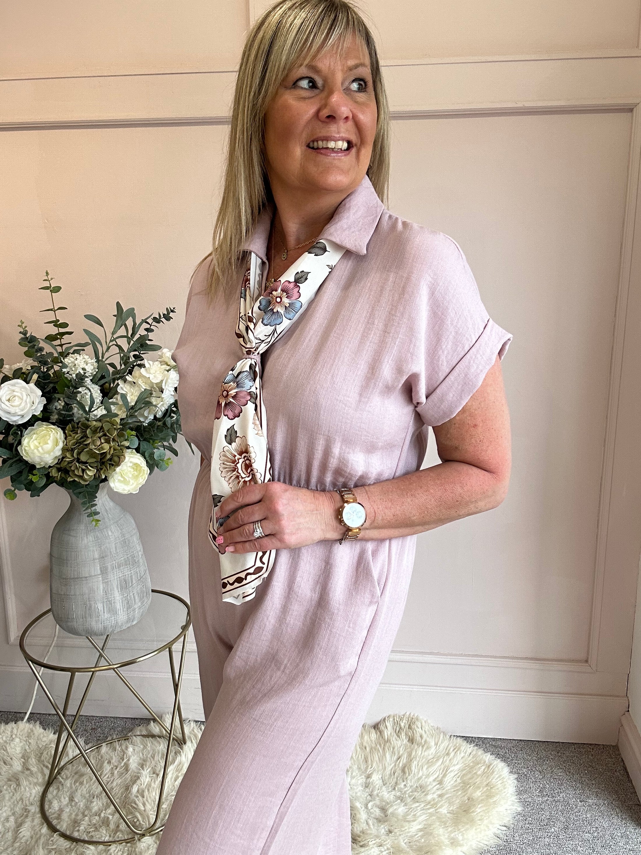 Collared With A Tie  Jumpsuit - Dusky Pink - Wardrobe By Simone