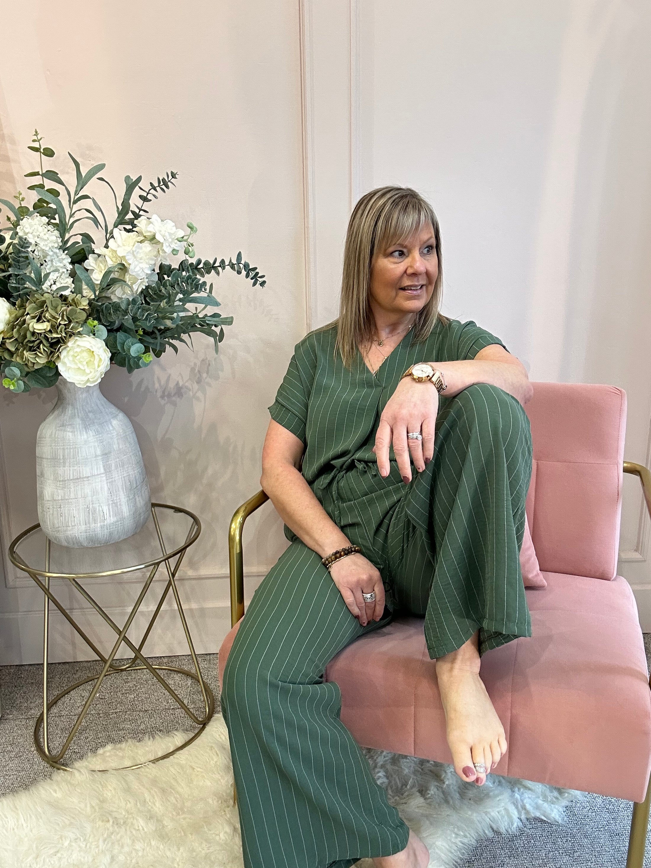 Pinstriped V Neck Top & Pant Set - Khaki/Cream