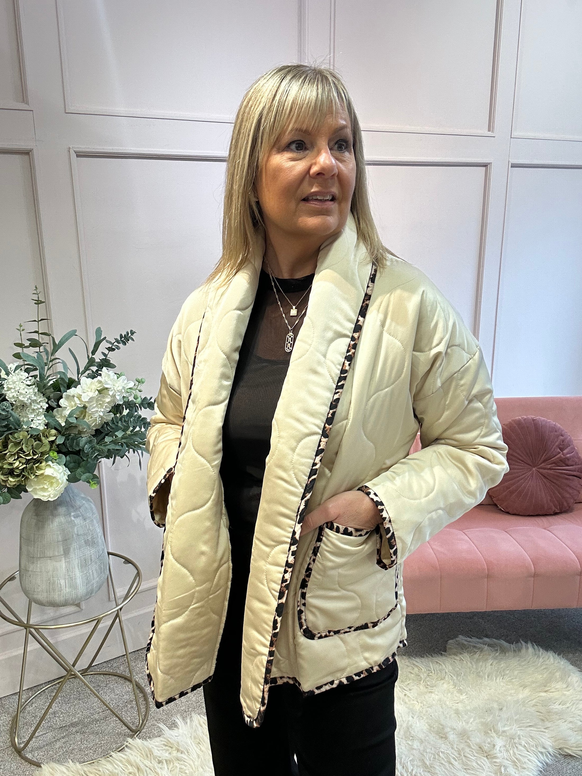 Quilted Jacket - Cream/ Leopard