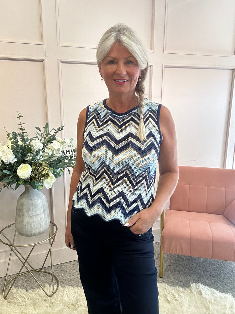 Chevron Round Neck Vest Top - Blue/Gold