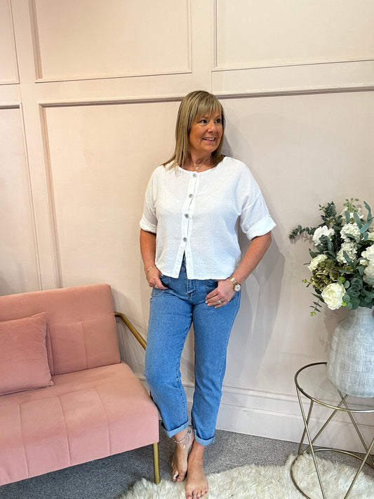 Cotton Buttoned Top  - White - Wardrobe By Simone