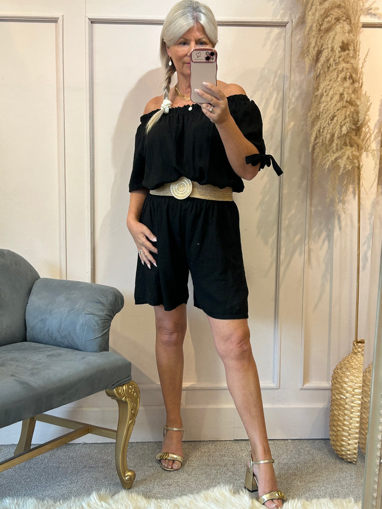 Linen Bardot Top & Shorts Playsuit - Black