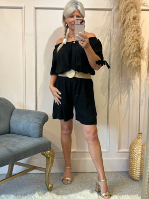 Linen Bardot Top & Shorts Playsuit - Black