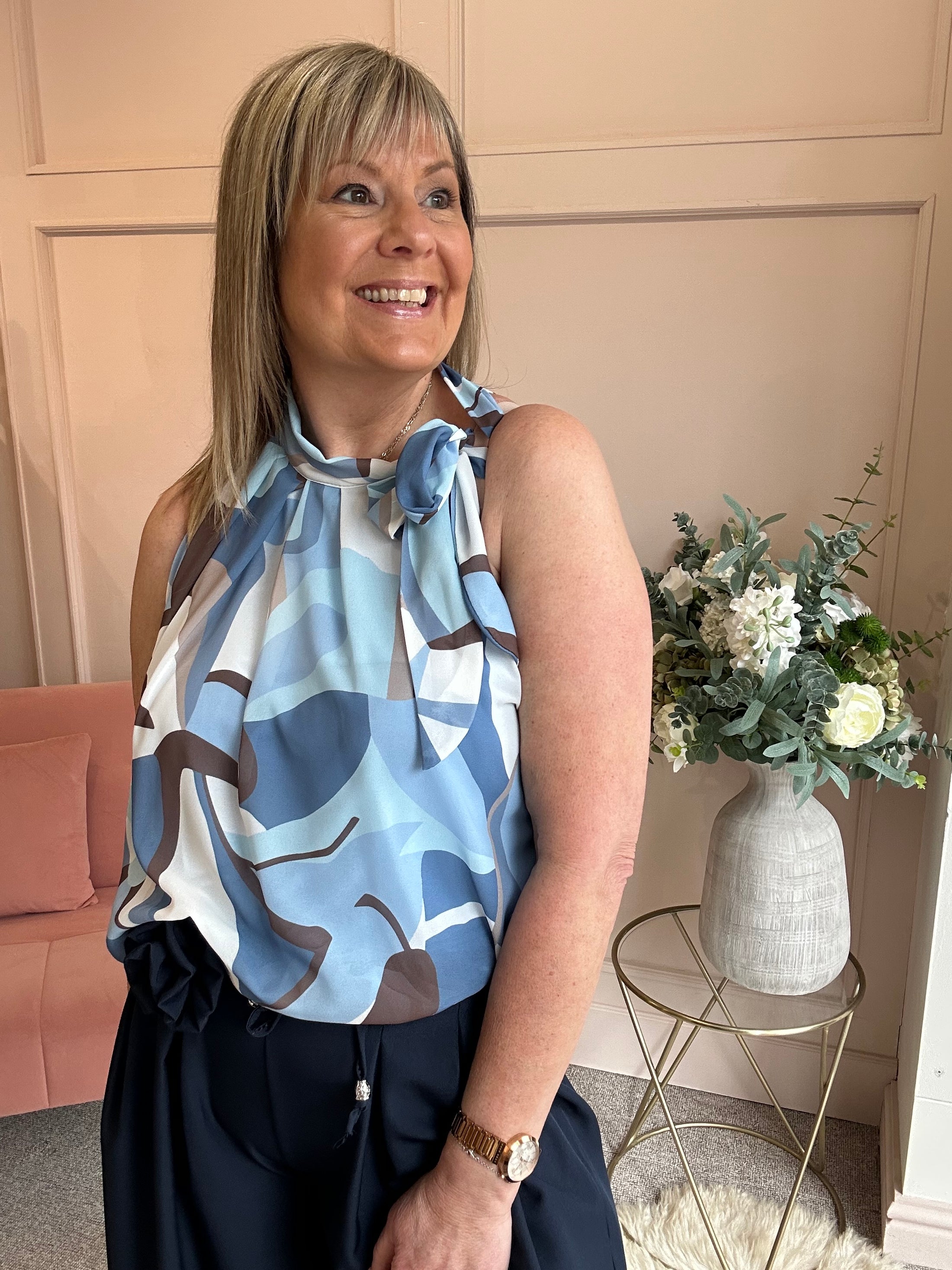 Leaf Print Bow Tie Sleeveless Top - Blue/Brown/White - Wardrobe By Simone