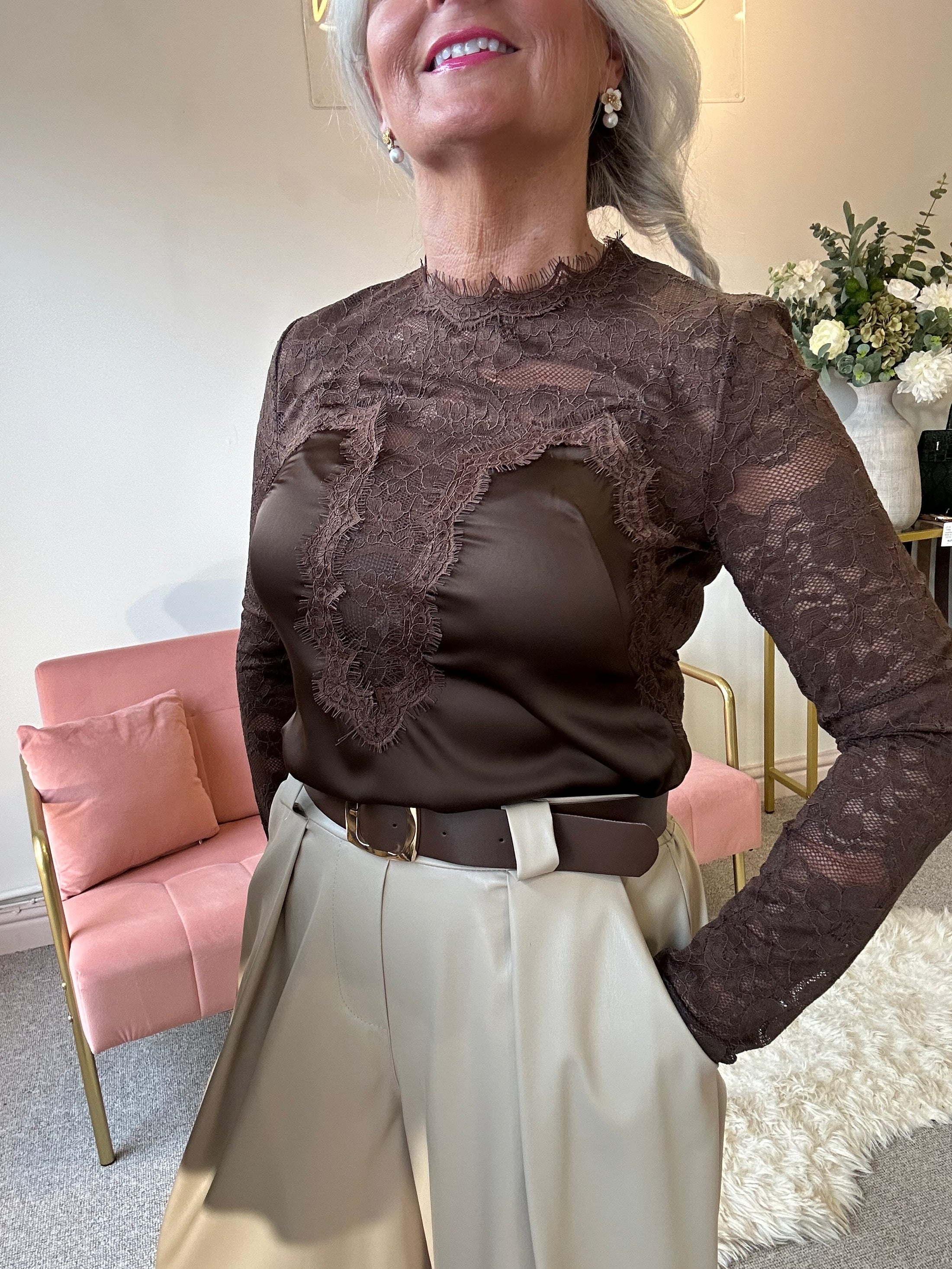 Lace & Satin Top - Brown - Wardrobe By Simone