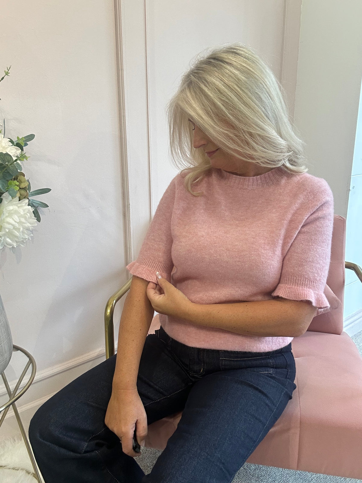 Fluted Edge Short Sleeve Jumper - Pink - Wardrobe By Simone