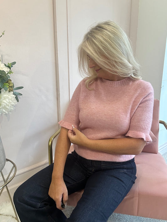 Fluted Edge Short Sleeve Jumper - Pink