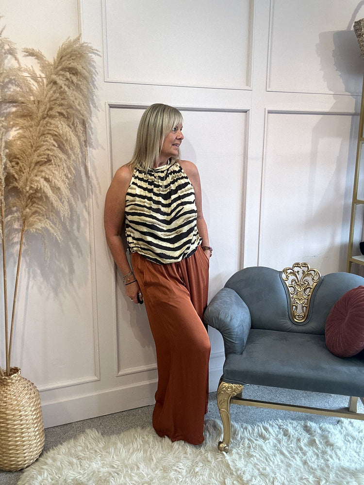 Zebra Sleeveless Tie Neck top - Brown Mix - Wardrobe By Simone