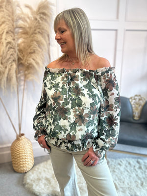 Floral Bloom Ruffle Neck Top - Khaki/Cream - Wardrobe By Simone