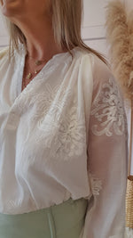 Embroidered Grandad Collar Blouse - Cream