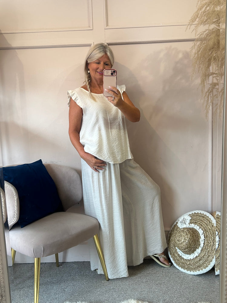 Frill Edged Top & Wide Pant Set - Light Cream