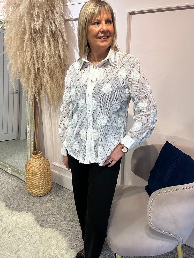 Delicate Rose Mesh Shirt - White - Wardrobe By Simone