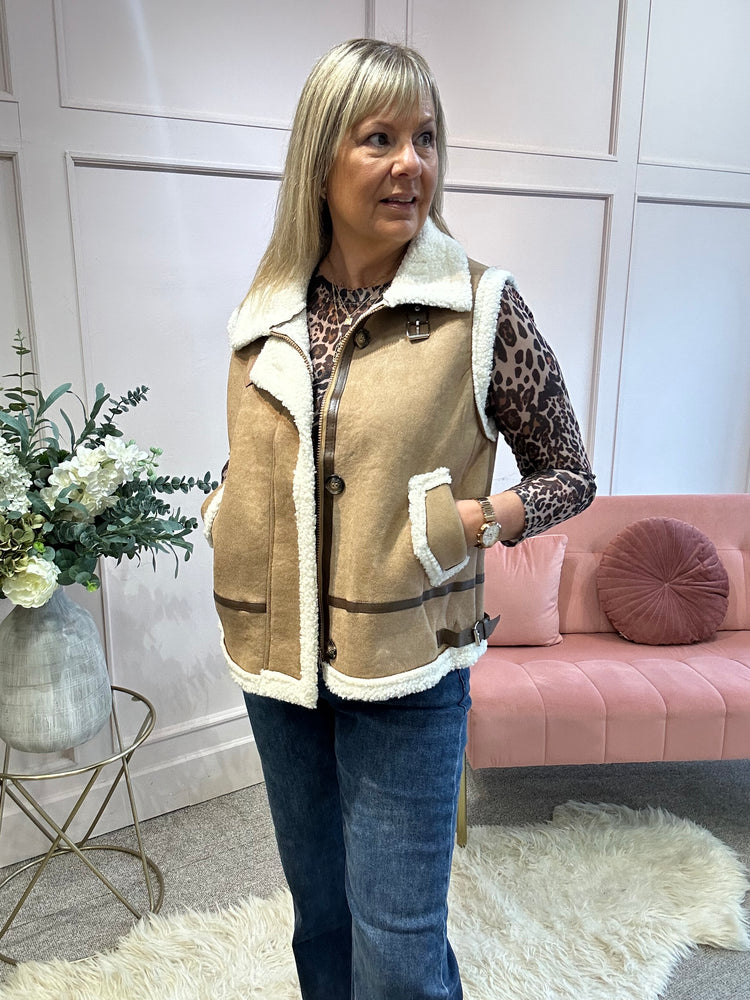 Faux Sheep Skin Gilet - Tan
