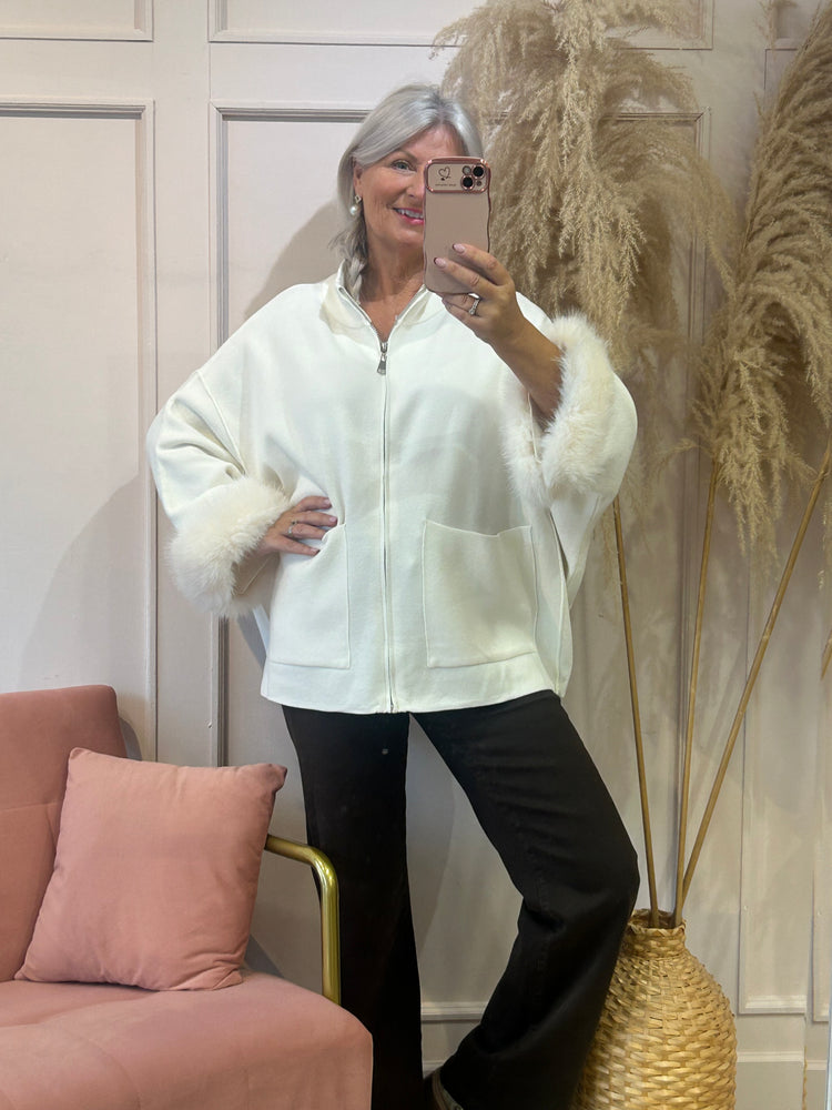Fluff Detail  Zipped Cardi/Jacket - Cream