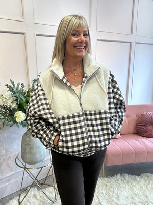 Cream Teddy With Gingham Bomber - Cream/Brown