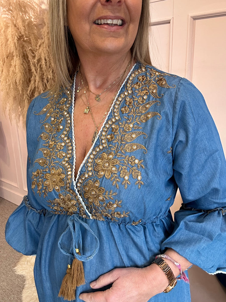 Boho Embroidered Maxi Dress - Mid Blue - Wardrobe By Simone