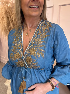 Boho Embroidered Maxi Dress - Mid Blue - Wardrobe By Simone