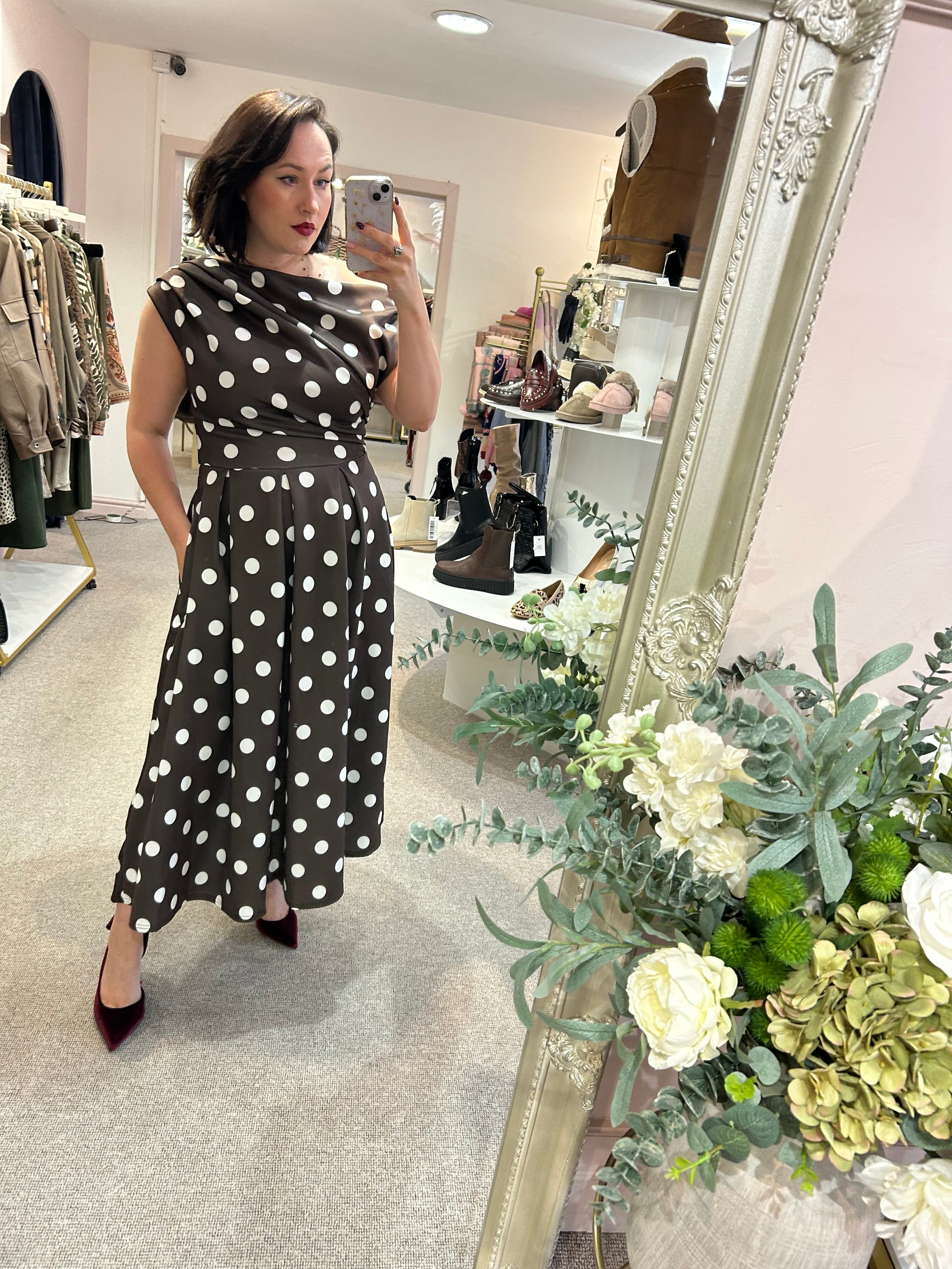 Polka Dot Asymmetric Neckline Skater Dress - Brown