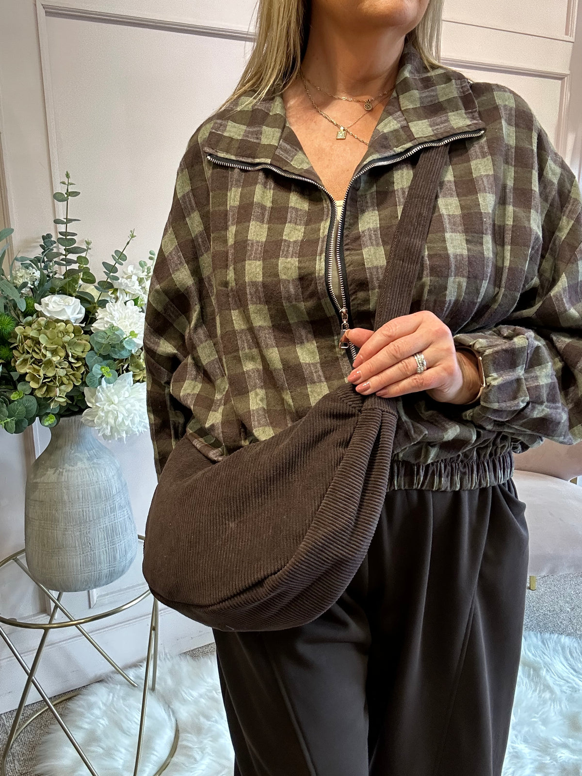 A Checked Zip Jacket - Khaki/Brown - Wardrobe By Simone