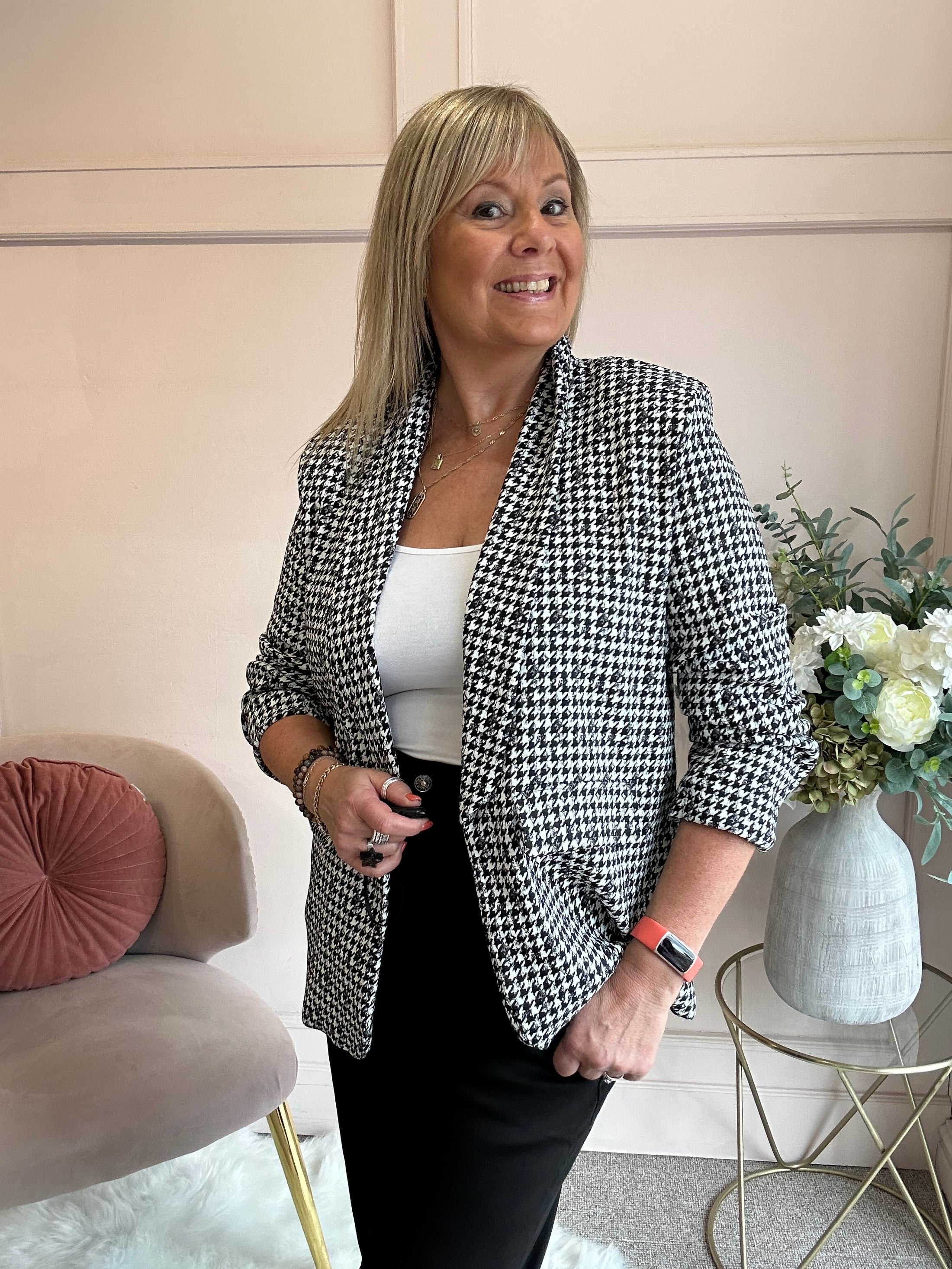 Checked & Ruched Blazer - Black/White