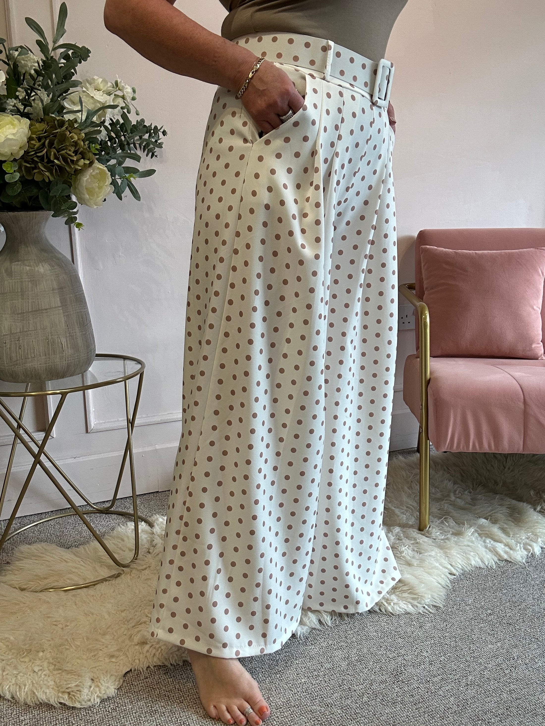 Polka Dot Wide Leg Pant - Light Cream/Beige - Wardrobe By Simone