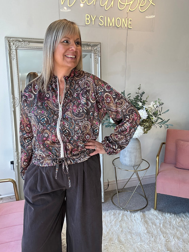 Paisley Print Satin Zip Bomber - Mix/Brown