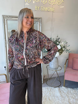 Paisley Print Satin Zip Bomber - Mix/Brown