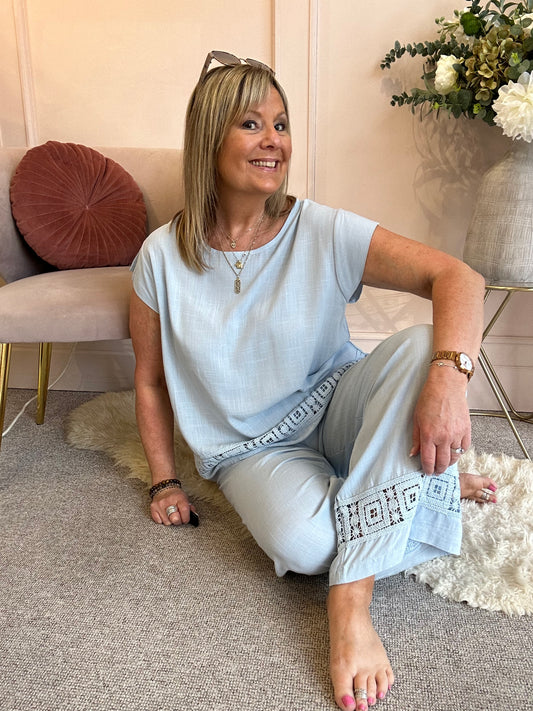 Detailed Edge Top & Pant Set - Soft Blue - Wardrobe By Simone