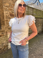Embroidered Cap Sleeve T Shirt - White