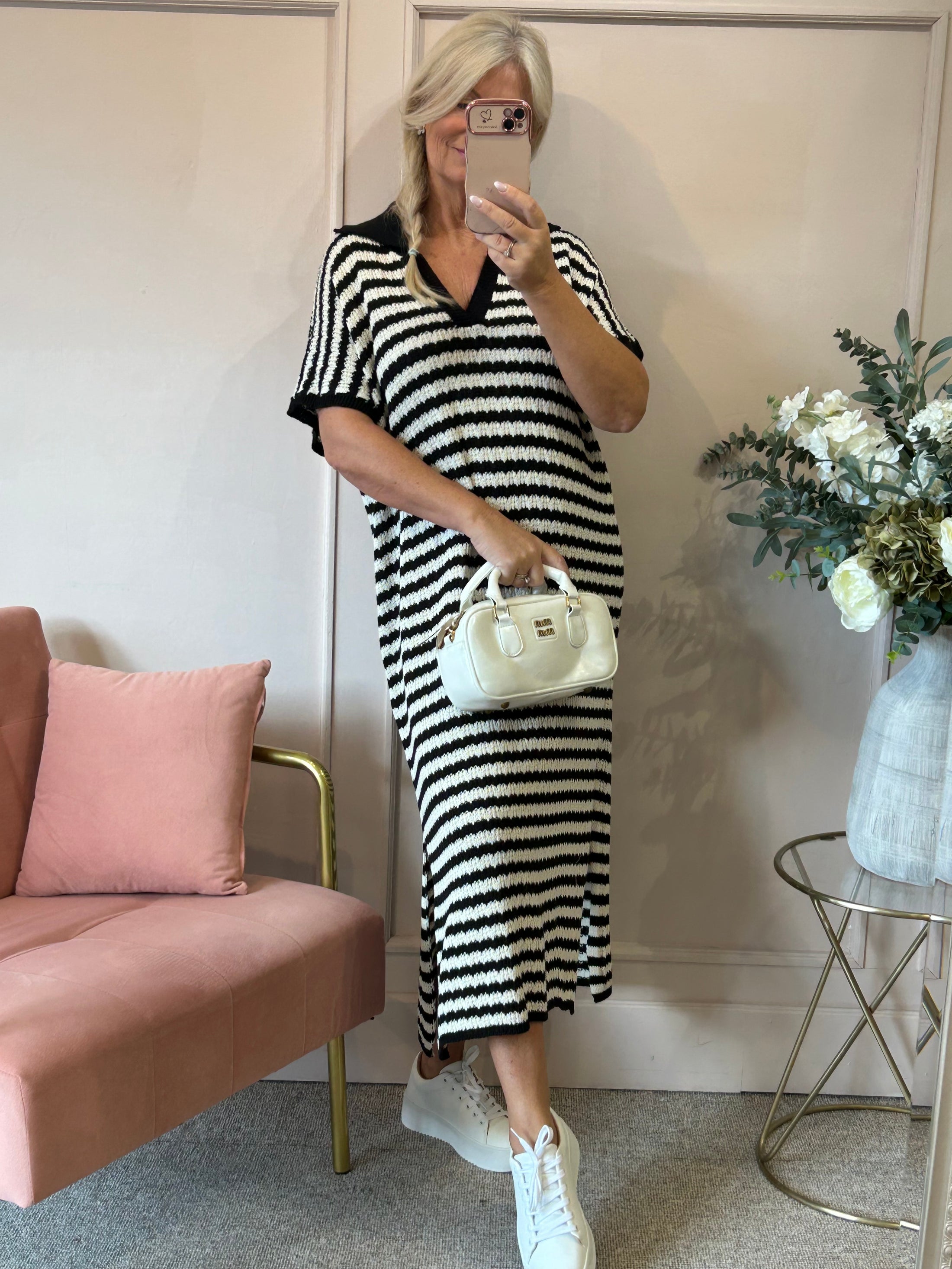 Striped Long Knitted Dress- Cream/Black - Wardrobe By Simone