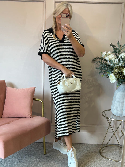 Striped Long Knitted Dress- Cream/Black - Wardrobe By Simone