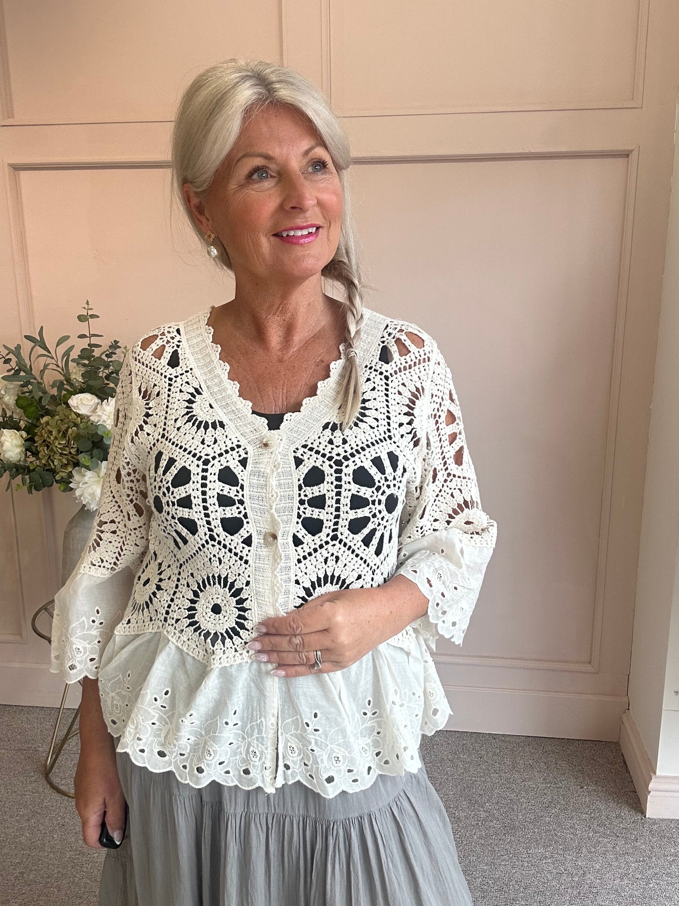 Crochet With Frill Edge Cardigan - Cream - Wardrobe By Simone