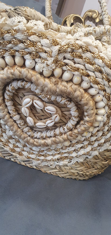 Shell and Rope Heart  Large Straw Tote Bag - Straw/Gold - Wardrobe By Simone