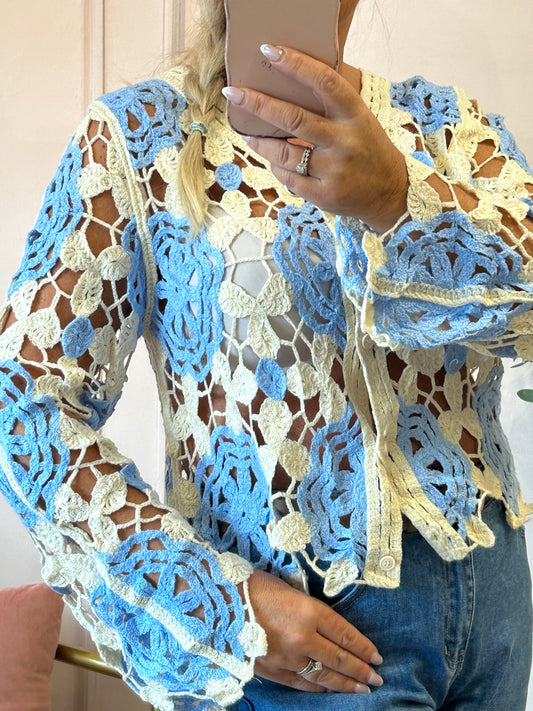 Cute Crochet Cardi - Cream/Powder Blue - Wardrobe By Simone