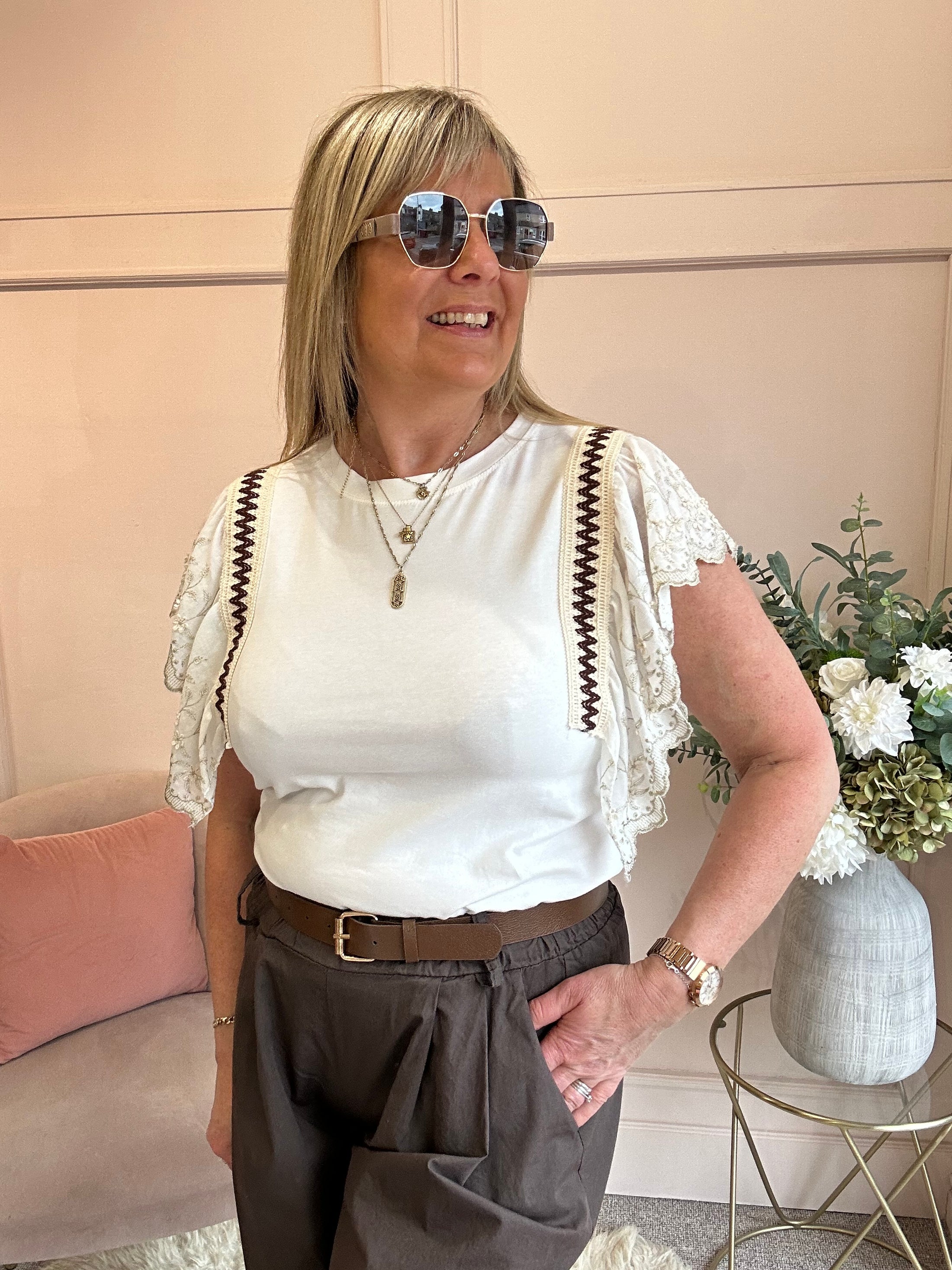 Frill Embroidery Sleeve T Shirt  - Soft Cream - Wardrobe By Simone