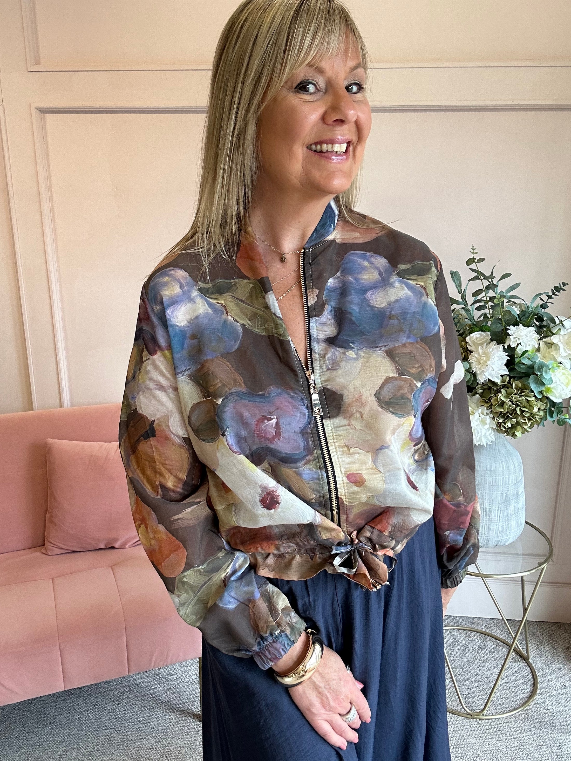 Floral Bloom Zip Jacket - Brown/Blue