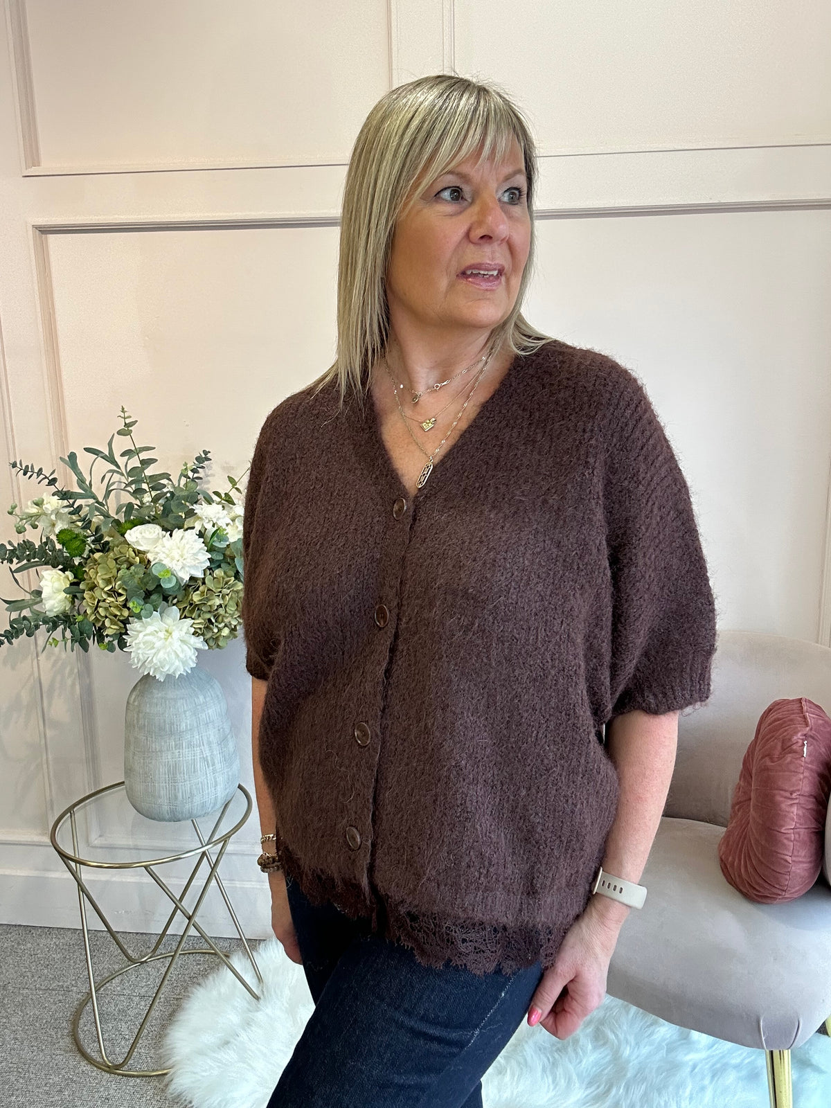 Lace Trim Cardigan - Chocolate Brown
