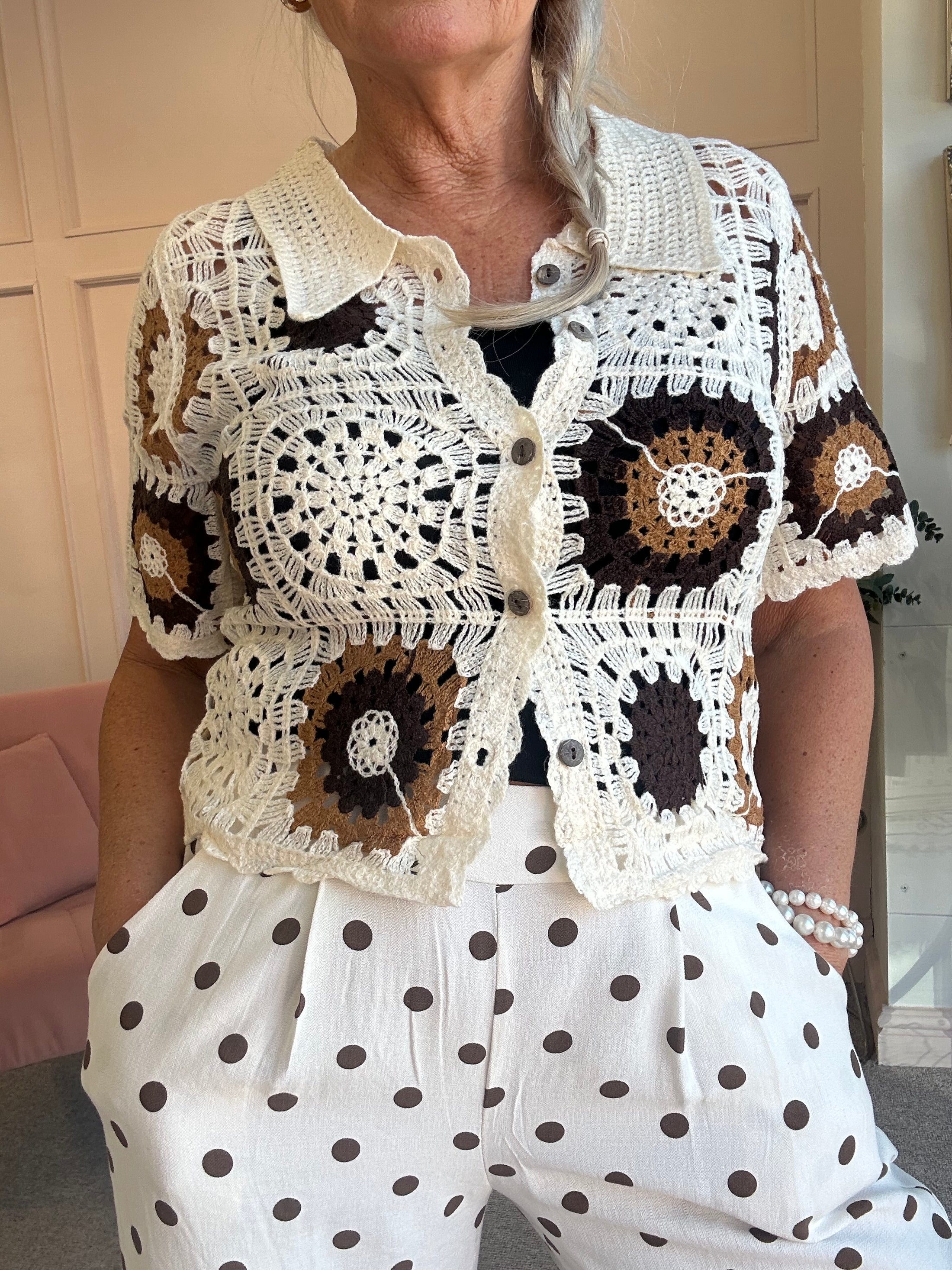 Crochet Collared Cardigan - Cream/Brown/Tan - Wardrobe By Simone