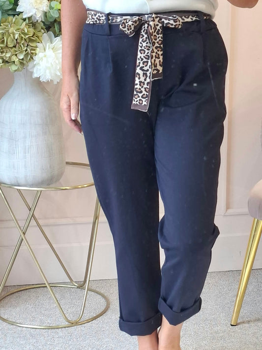 Leopard Tie Pant - Navy - Wardrobe By Simone