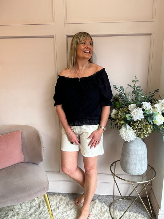 Off Shoulder Ruched Edge Top - Navy - Wardrobe By Simone
