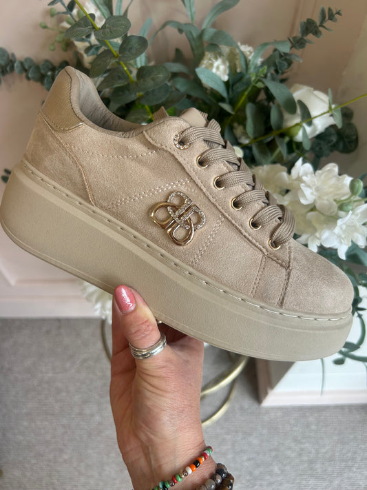 Gold Logo Embellished Trainer - Beige - Wardrobe By Simone